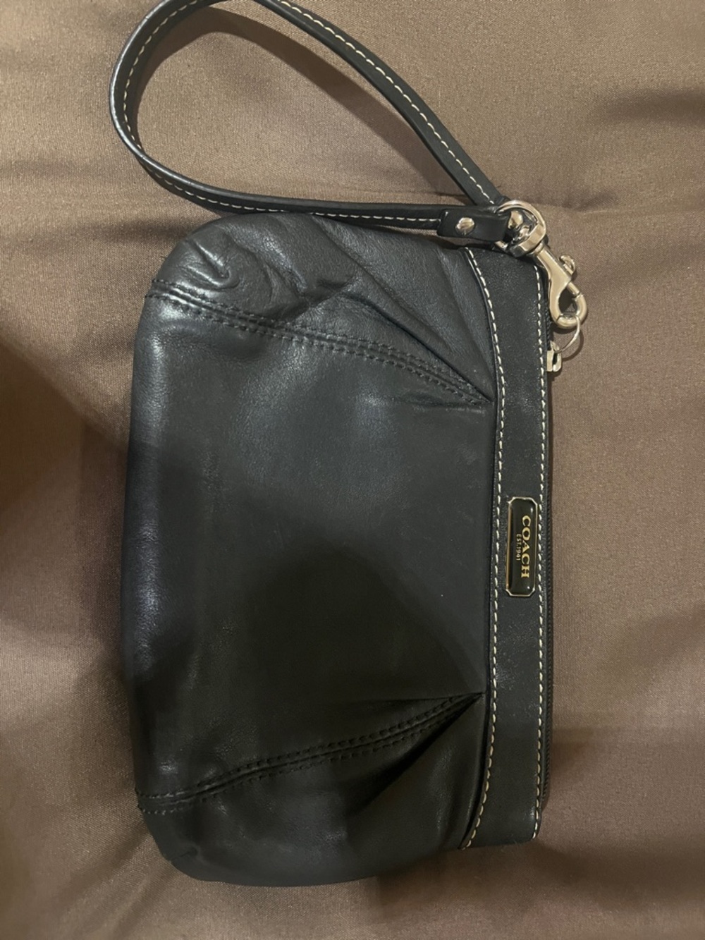 Coach Black Leather Wristlet with Silver Hardware